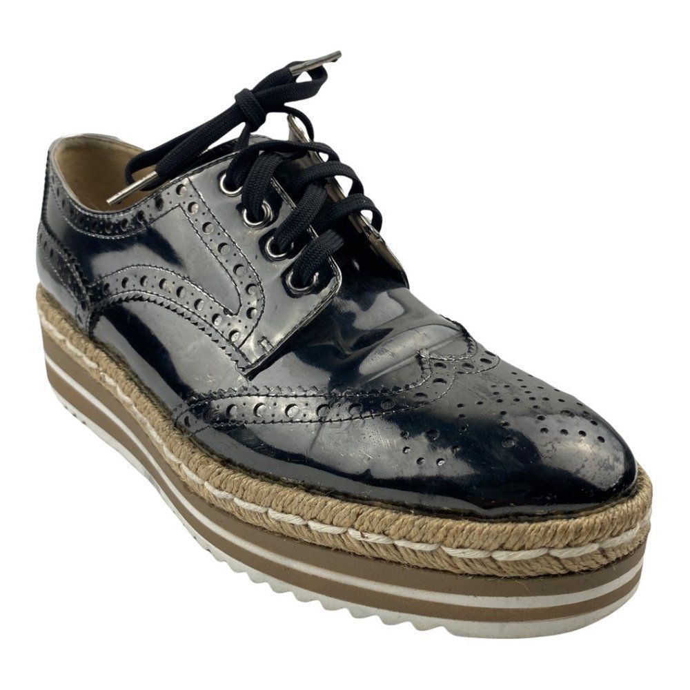 PONS QUINTANA Women's Black  Metallic Patent Leather Jute Lace Up Oxfords EU 37